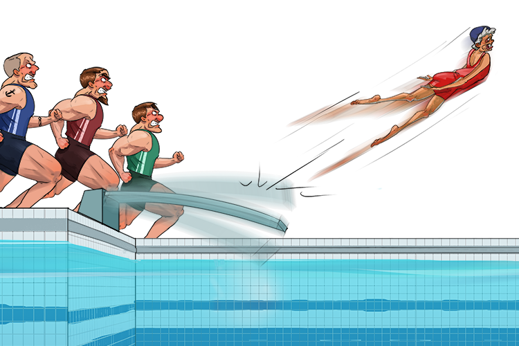 With great speed she's (species) jumped off the springboard (offspring) after seeing a group of similar animals behind her